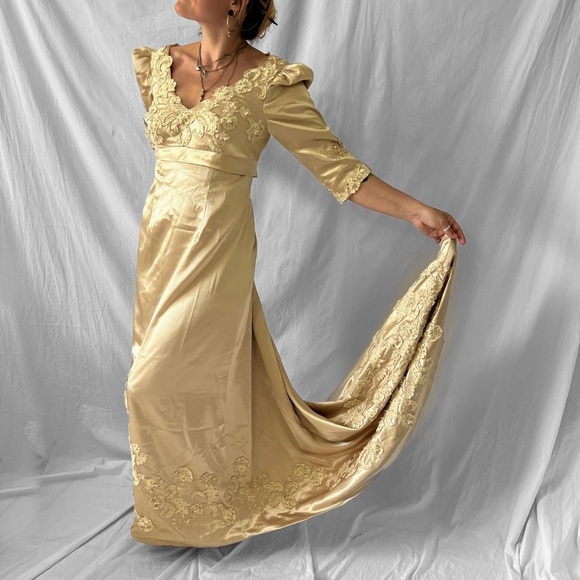 green emerald velvet dress 1930s Satin Bias Cut Gown - S/M